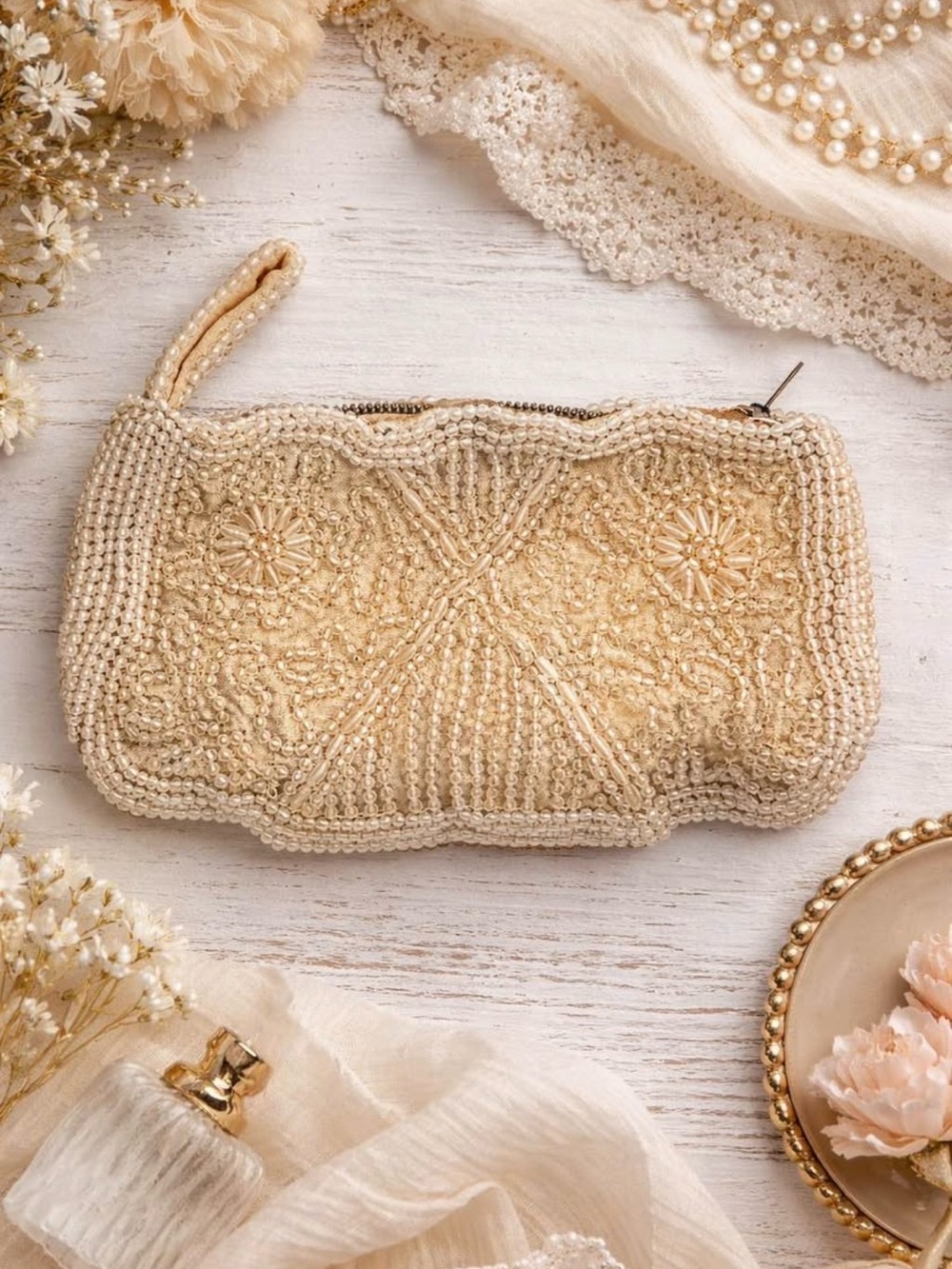 Beaded Cream Pearl-Embellished Evening Clutch
